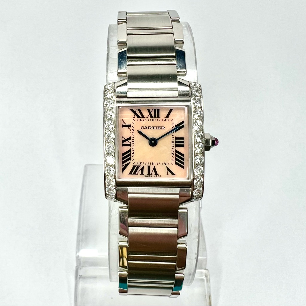 Cartier Tank Francaise Quartz 20mm Steel 080tcw Diamond Watch Pink Mop Dial